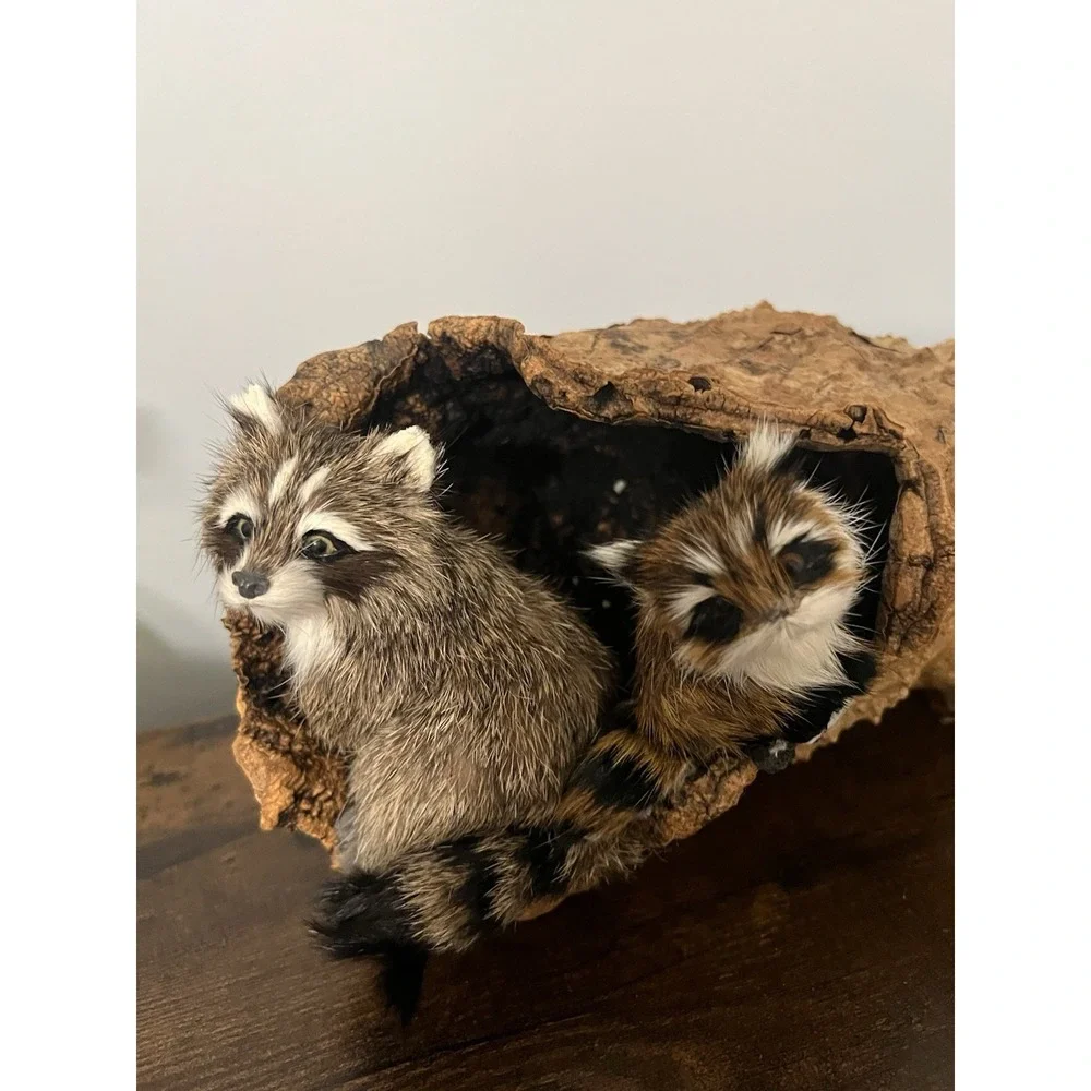 Faux Fur Woodland Critters in Cork Bark Log Display‎ Rustic Cabin Decor 10